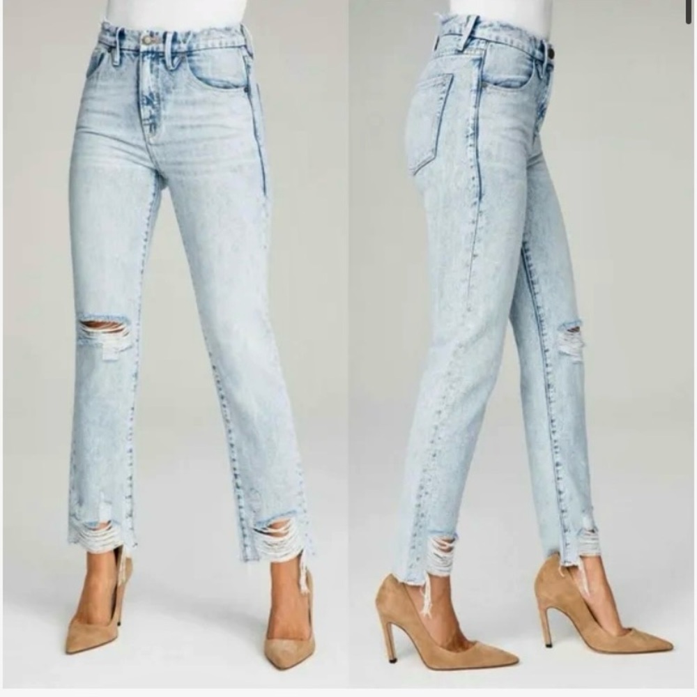 Good American Good Classic Hi Rise Light Wash Raw Hem Distressed Jeans NWT Sz 18
